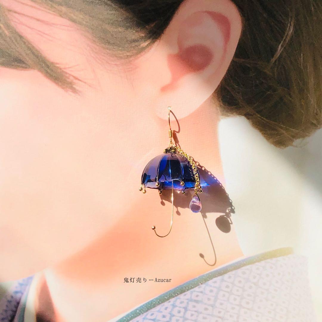 傘と紫陽花の和風ピアス　イヤリング(雨の日コーデ3点セット)傘レジンとアジサイ