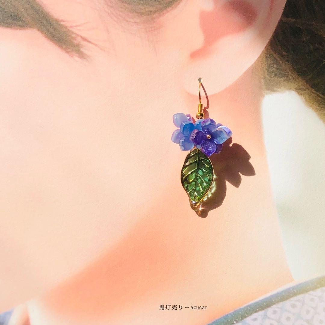 傘と紫陽花の和風ピアス　イヤリング(雨の日コーデ3点セット)傘レジンとアジサイ