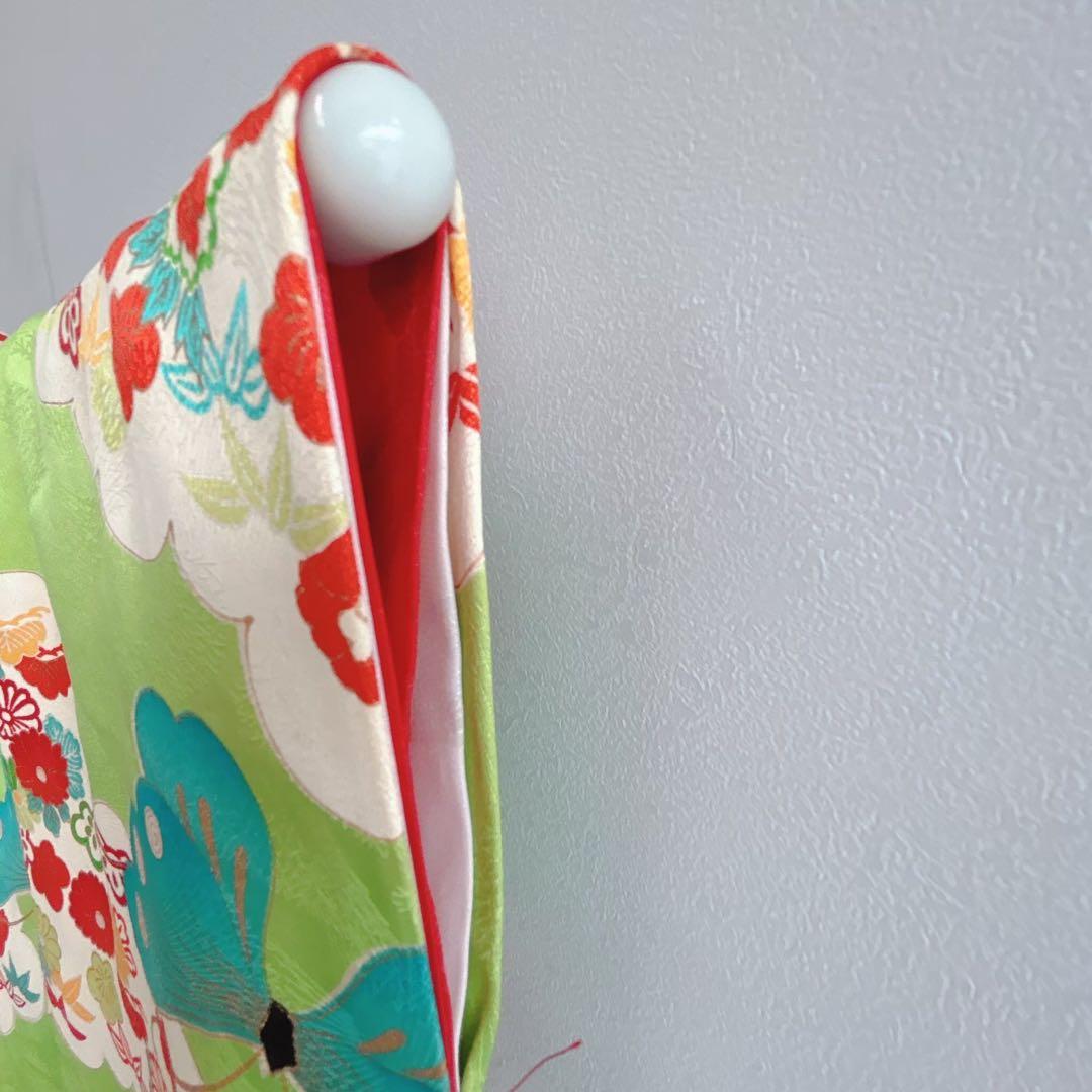 フルセット　七五三７歳女の子　昭和レトロ　着物＆帯＆長襦袢＆小物　緑　蝶