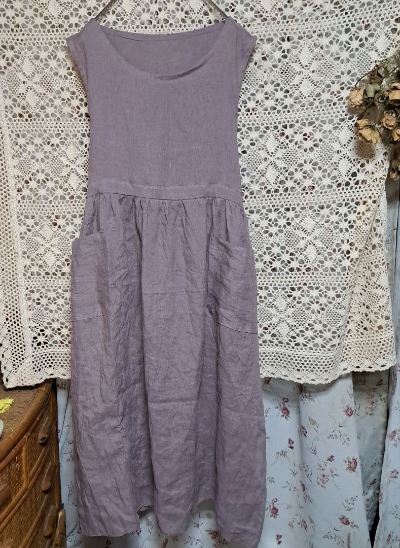 フレンチリネン両サイドリボン2wayギャザーエプロンドレス　アッシュモーブ