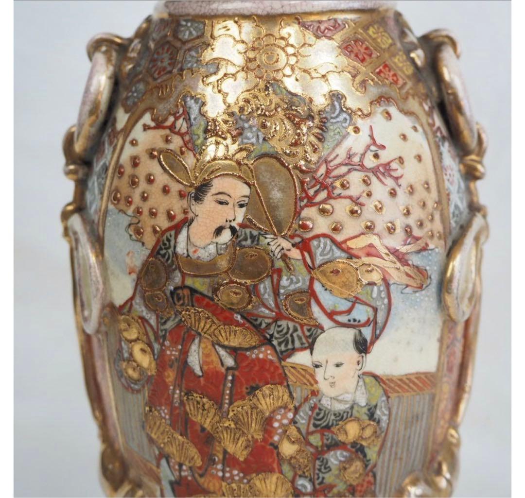 送料無料　明治期 薩摩焼 色絵金彩人物図花瓶