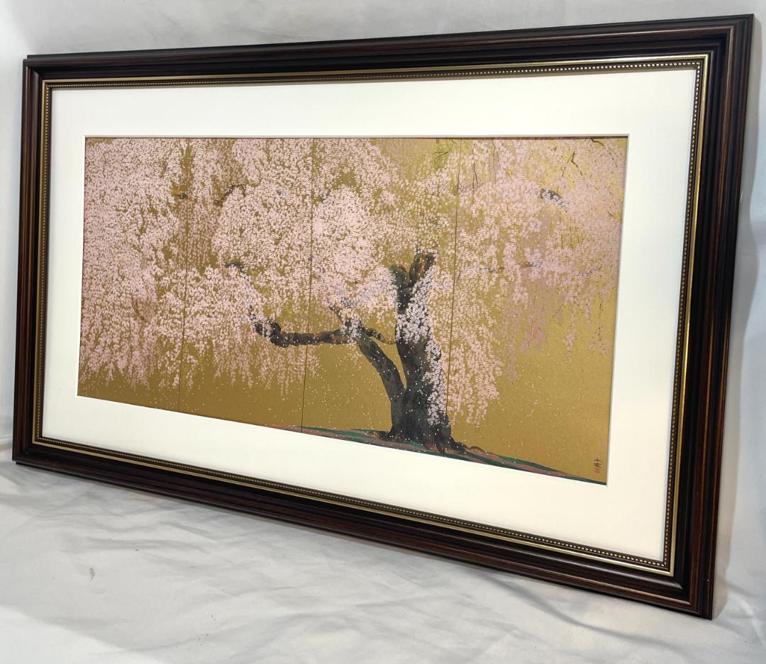 【新品】中島千波 『醍醐寺三宝院枝垂桜..』ポスター 複製　セピア額付　 金背景