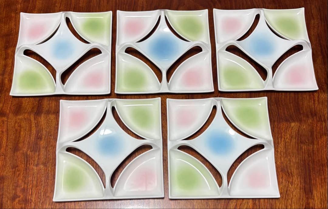 【未使用】①三彩五品盛正角皿_5枚セット（22.5×22.5×4.3）