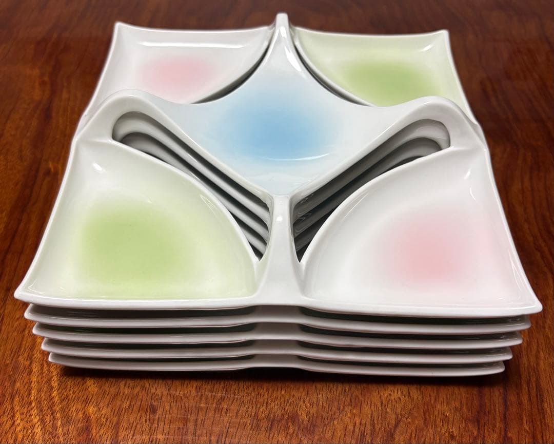 【未使用】①三彩五品盛正角皿_5枚セット（22.5×22.5×4.3）