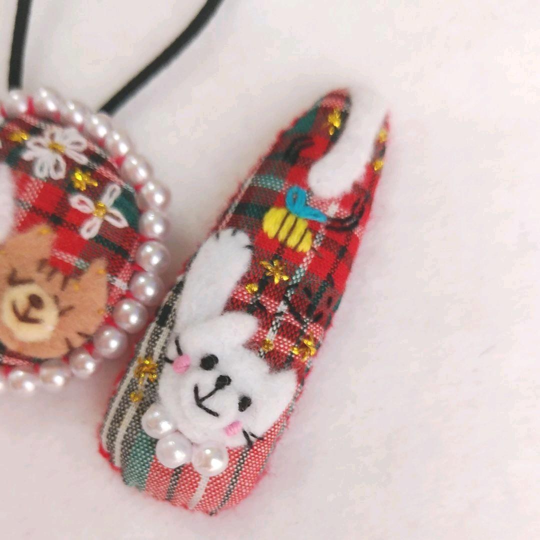 赤チェックねこちゃん♡パッチンピンヘアゴムセット