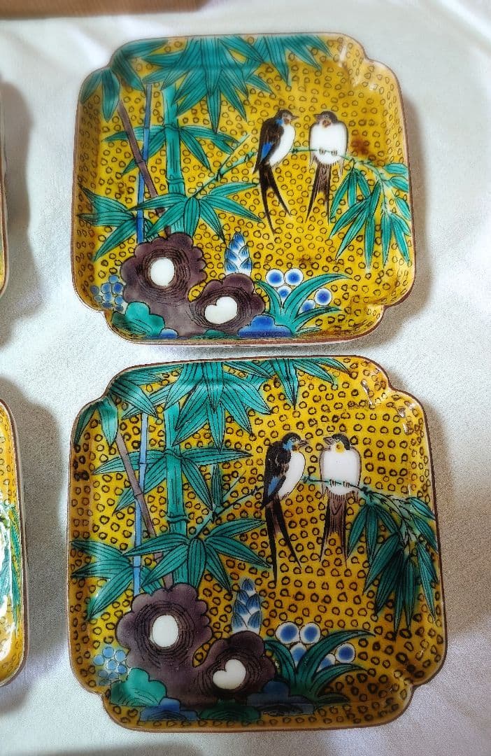 美品　九谷焼 ツバメの絵皿 5枚セット 角皿　角福 松寿堂造 竹林に燕図　色絵