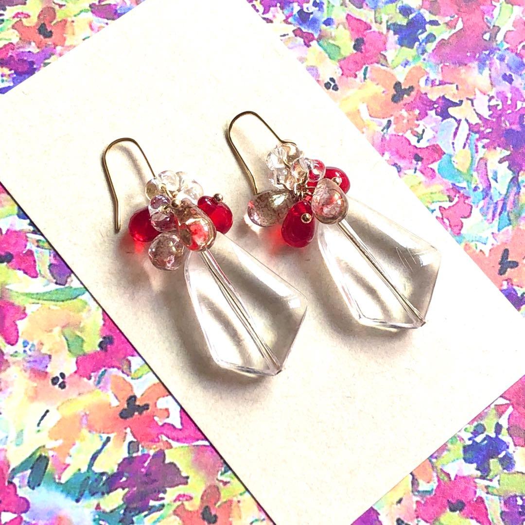 【423】しずく ガラス レッド ピアス ビーズ イヤリング ハンドメイド