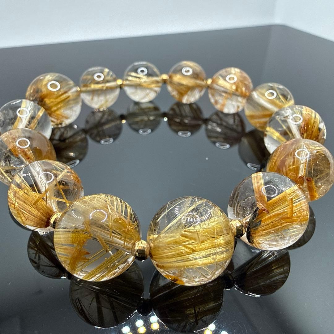 極上太針タイチンルチルクォーツ13mm18金ロンデル天然石金運仕事運高透明