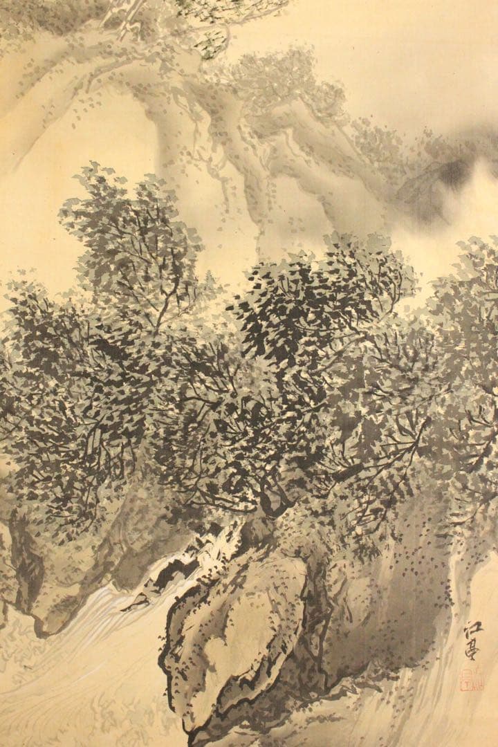 No5126 掛軸　福井江亭　「夏渓」　山水図　絹本着色　共箱　古美術　送料無料