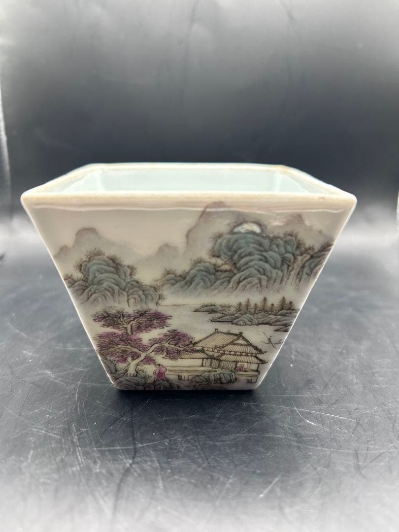 【希少】中国古玩 「大清嘉慶年製」銘 浅絳彩 山水漢詩文 磁器