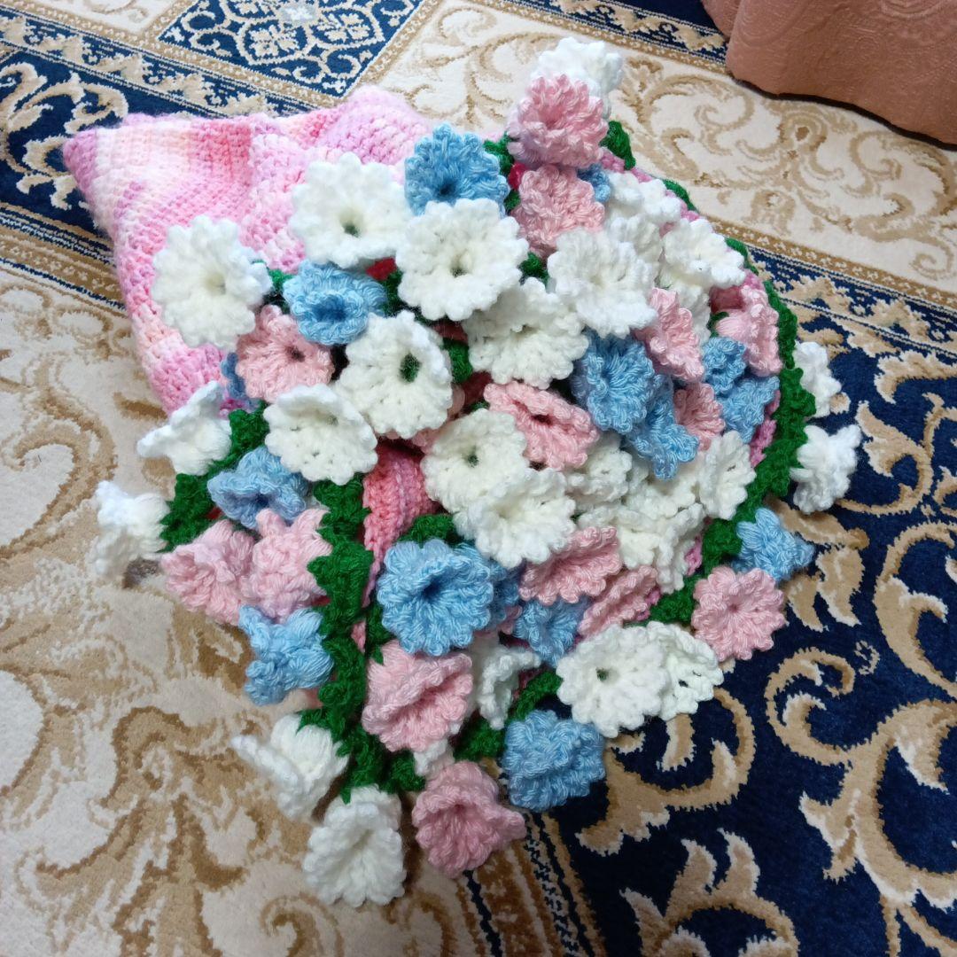 ハンドメイド♪大きめすずらんのブランケット　かご付き