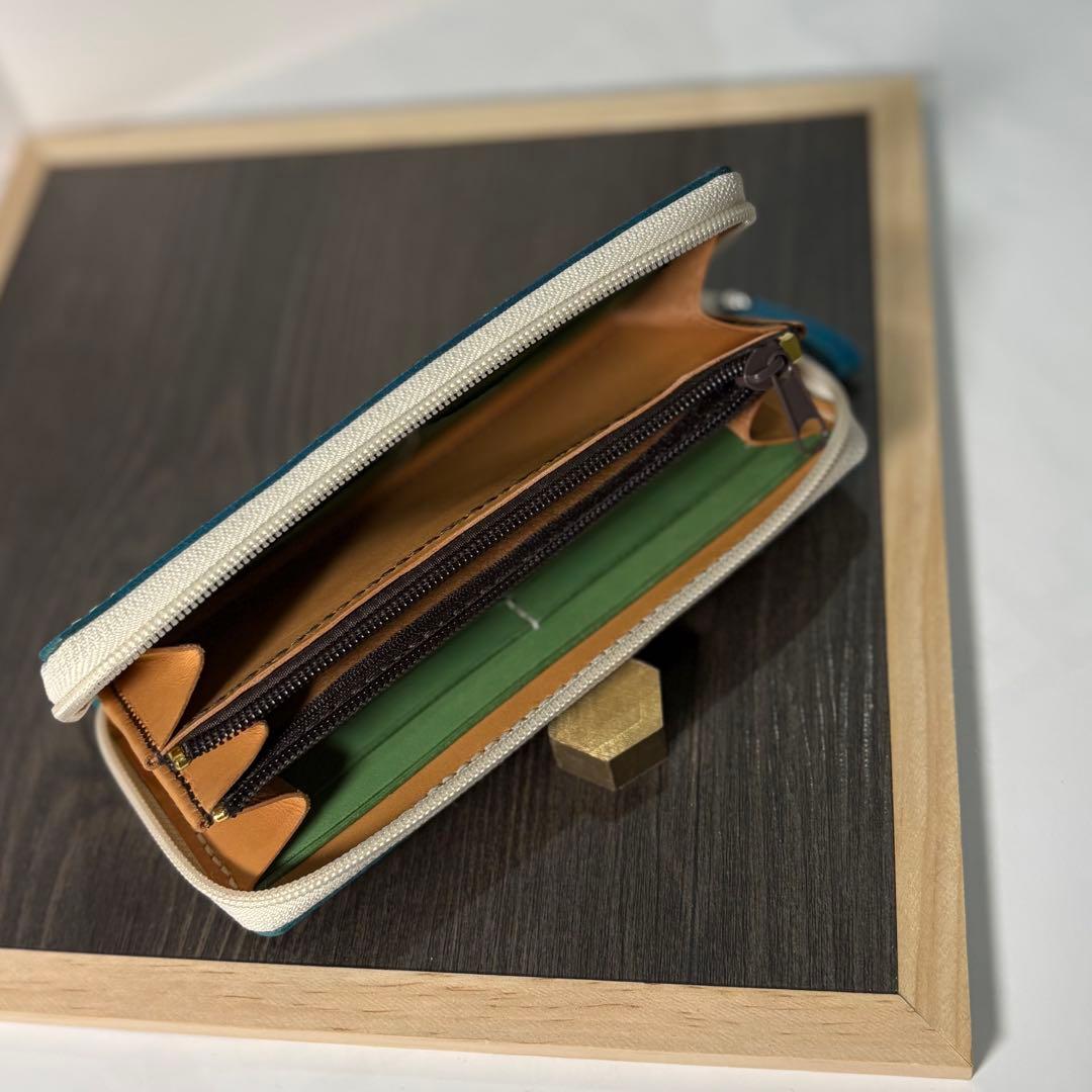 本革 ラウンドファスナー長財布 ラウンドジップ長財布 ハンドメイド ブルー 青