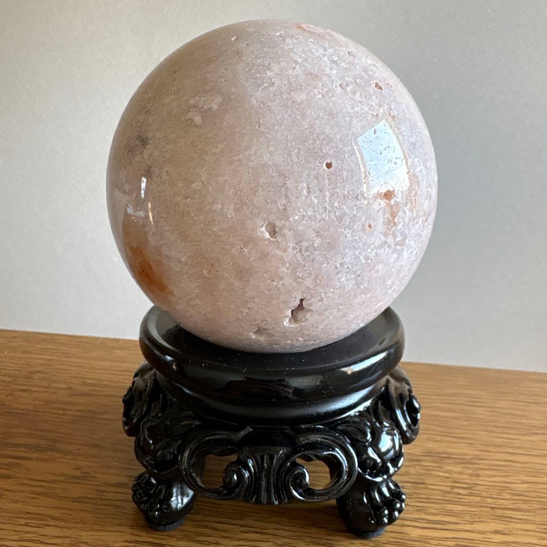 ピンアメ　大玉　スフィア　桜瑪瑙共生　天然石　8.6センチ　台座付き